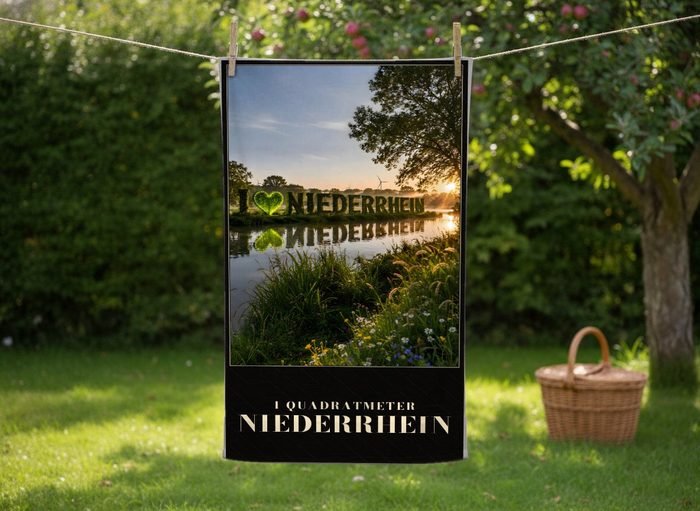 Strandtuch mit eigenem Foto und Schriftzug „1 Quadratmeter Niederrhein“ an einer Wäscheleine im Garten